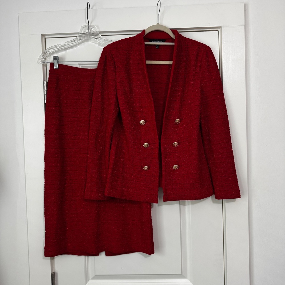 Ming Wang XS / Small Red Textured Skirt & Blazer Suit Set Career Classic